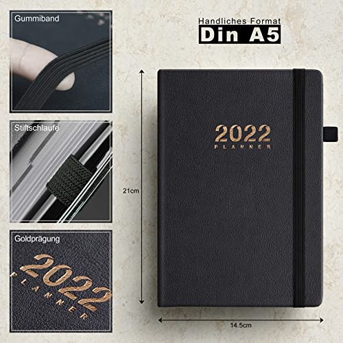 BEE STATIONERY Agenda 2022 Dia Por Pagina, A5 Planner Con Plan Mensual & Bolsillo Interior & Cierre Elástico, Tapa Dura Con PU Piel Negro