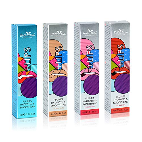 Belle Azul Lips Gloss Kit de 4 Tonos - Edición Limitada - Labios Carnosos, Hidratados y con Más Volumen - Aceite y Células Madre de Argán Ecológicos - Tonos - Clear - Nude - Pink - Red - 4x4 ml