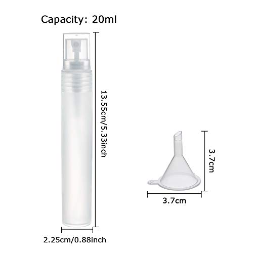 BENECREAT 12 Pack 20ml Botella de Plástico Esmerilada Vacía de Aerosol de Niebla Rellenable con 4 Embudos， 4 Pipetas, y 2 Bombas de Plástico para Aceites Esenciales, Productos de Belleza Orgánicos