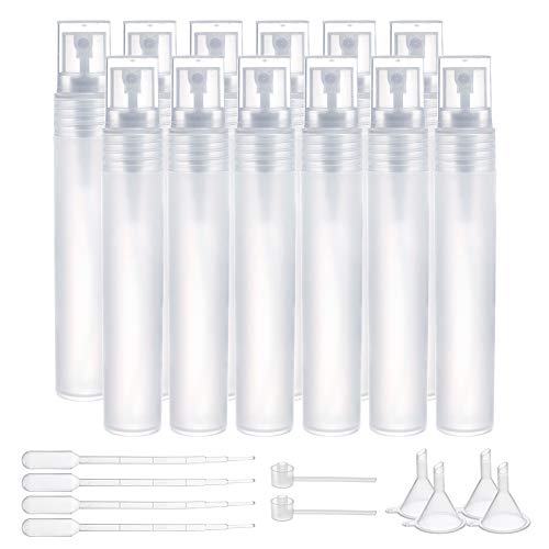 BENECREAT 12 Pack 20ml Botella de Plástico Esmerilada Vacía de Aerosol de Niebla Rellenable con 4 Embudos， 4 Pipetas, y 2 Bombas de Plástico para Aceites Esenciales, Productos de Belleza Orgánicos