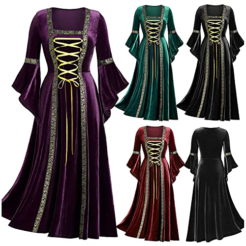 BIBOKAOKE Vestido de mujer medieval largo, disfraz de Halloween, elegante, vestido de noche, vestido de princesa, gótico, punk, vestido medieval con mangas de trompeta, morado, XXL