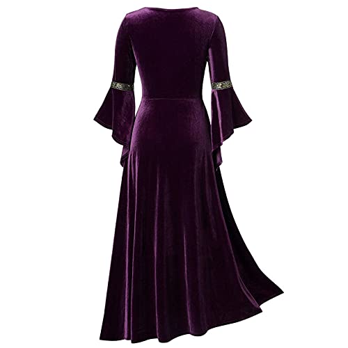 BIBOKAOKE Vestido de mujer medieval largo, disfraz de Halloween, elegante, vestido de noche, vestido de princesa, gótico, punk, vestido medieval con mangas de trompeta, morado, XXL