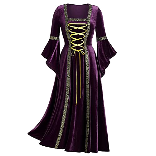 BIBOKAOKE Vestido de mujer medieval largo, disfraz de Halloween, elegante, vestido de noche, vestido de princesa, gótico, punk, vestido medieval con mangas de trompeta, morado, XXL