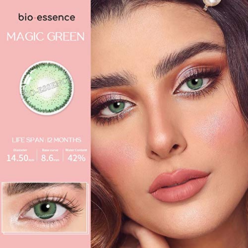 BIO-ESSENCE Pack Lentillas de Hidrogel blandas 1 par Lentes de contacto color verde sin graduación. Duración: 12 meses. Con estuche y 10ml de solución (VERDE MAGICO)