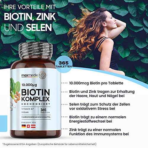 Biotina Complex Con Zinc y Selenio 10000 mcg, Alta Potencia - 365 Comprimidos Veganos, Suplemento Vitamínico Con Aceite de Coco, Contribuye al Crecimiento Normal del Cabello, Piel y Uñas