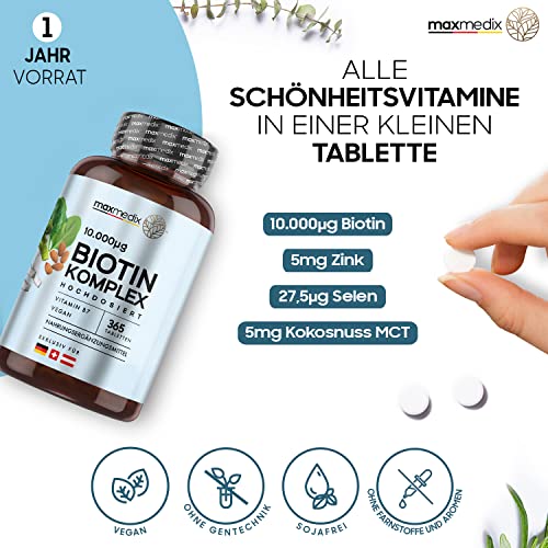 Biotina Complex Con Zinc y Selenio 10000 mcg, Alta Potencia - 365 Comprimidos Veganos, Suplemento Vitamínico Con Aceite de Coco, Contribuye al Crecimiento Normal del Cabello, Piel y Uñas