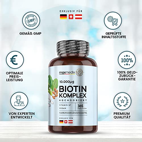 Biotina Complex Con Zinc y Selenio 10000 mcg, Alta Potencia - 365 Comprimidos Veganos, Suplemento Vitamínico Con Aceite de Coco, Contribuye al Crecimiento Normal del Cabello, Piel y Uñas