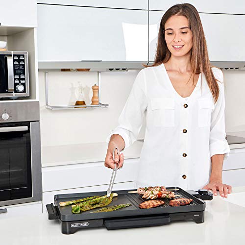 Black+Decker BXGD2200E – Plancha de asar electrica con grill 2200W. Bandeja recoge grasas. Recubrimiento antiadherente. Fácil limpieza. Control temperatura.