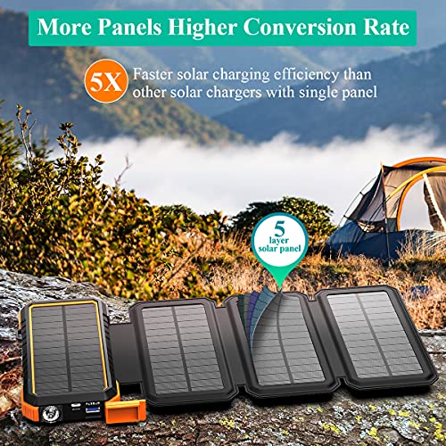 BLAVOR Solar Charger 20000mAh Power Bank,18W 3A Fast Charger Outdoor External Battery with 4 Solar Panels&Camping Light&Compass&PD USB C for Laptop/iOS&Android Phone Charge