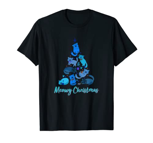 Blue Meowy Christmas | Árbol de Navidad Kitty Camiseta