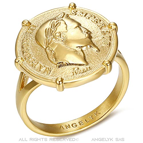 BOBIJOO JEWELRY - Anillo Anillo Anillo de Hombre Mujer de Napoleón III-Diseñador de la Moneda de 20 Francos de Oro Louis 316L de Acero Cromado - 19 (9 US), Dorado - Acero Inoxidable 316