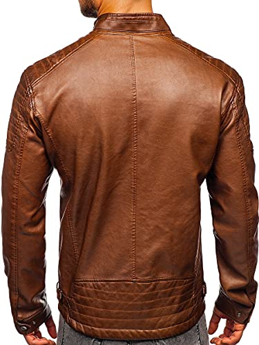 BOLF Hombre Chaqueta De Cuero Ecológico Cierre De Cremallera Cuello Alto Chaqueta de Piel Biker Plumas Aviador Bomber Cazadora Ocio Outdoor Estilo Casual 2009 Marrón XXL [4D4]