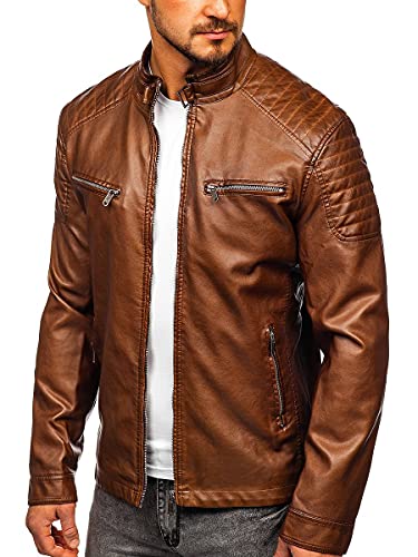 BOLF Hombre Chaqueta De Cuero Ecológico Cierre De Cremallera Cuello Alto Chaqueta de Piel Biker Plumas Aviador Bomber Cazadora Ocio Outdoor Estilo Casual 2009 Marrón XXL [4D4]