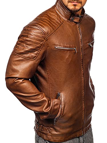 BOLF Hombre Chaqueta De Cuero Ecológico Cierre De Cremallera Cuello Alto Chaqueta de Piel Biker Plumas Aviador Bomber Cazadora Ocio Outdoor Estilo Casual 2009 Marrón XXL [4D4]