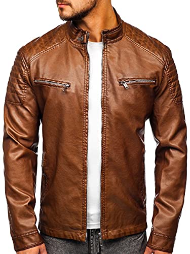 BOLF Hombre Chaqueta De Cuero Ecológico Cierre De Cremallera Cuello Alto Chaqueta de Piel Biker Plumas Aviador Bomber Cazadora Ocio Outdoor Estilo Casual 2009 Marrón XXL [4D4]