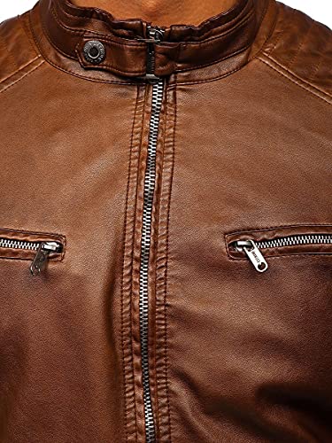 BOLF Hombre Chaqueta De Cuero Ecológico Cierre De Cremallera Cuello Alto Chaqueta de Piel Biker Plumas Aviador Bomber Cazadora Ocio Outdoor Estilo Casual 2009 Marrón XXL [4D4]