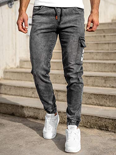 BOLF Hombre Pantalón Vaquero Cargo Jogger Denim Jeans Pantalón de Mezclilla Skinny Vaqueros Sombreado Vaqueros Ajustados de Algodón Slim Fit Estilo Urbano Red Fireball HY895 Negro XL [6F6]