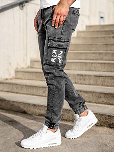 BOLF Hombre Pantalón Vaquero Cargo Jogger Denim Jeans Pantalón de Mezclilla Skinny Vaqueros Sombreado Vaqueros Ajustados de Algodón Slim Fit Estilo Urbano Red Fireball HY895 Negro XL [6F6]