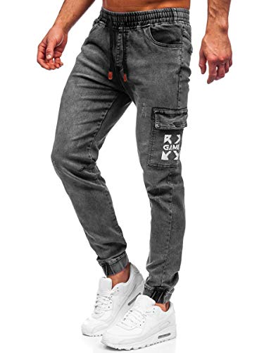 BOLF Hombre Pantalón Vaquero Cargo Jogger Denim Jeans Pantalón de Mezclilla Skinny Vaqueros Sombreado Vaqueros Ajustados de Algodón Slim Fit Estilo Urbano Red Fireball HY895 Negro XL [6F6]