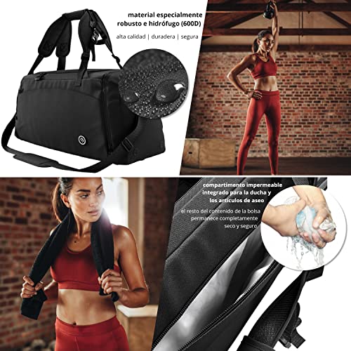 Bolsa Deporte Fitness + Mochila Función y Compartimento para Zapatos: Separada Seco y Humedo | 40L Deportivo Viaje Gimnasio Natacion Fin de Semana Travel Duffle Bag Equipaje Mano Negro | Hombre Mujer