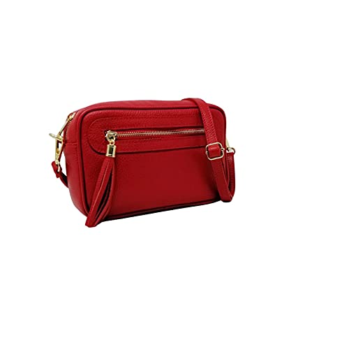 Bolso bandolera para mujer pequeño de piel auténtica con bolsillo frontal y bolsillo interior, cierre con cremallera y correa ajustable, Made in Italy, modelo Joy, bolso bandolera para mujer, rojo