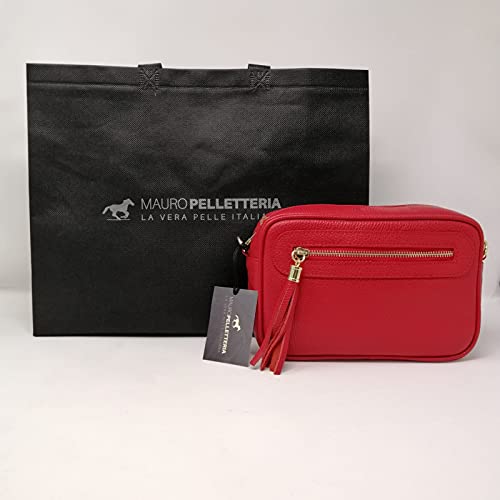 Bolso bandolera para mujer pequeño de piel auténtica con bolsillo frontal y bolsillo interior, cierre con cremallera y correa ajustable, Made in Italy, modelo Joy, bolso bandolera para mujer, rojo