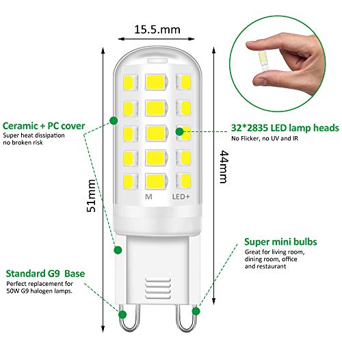 Bombilla LED G9 5W, Blanco Frio 6000K, LED Equivalente a la Bombilla Halógena de 50W, Sin Estroboscópico 500LM, AC220-240V, No Regulable, Ángulo de Luz de 360°, Pack de 6