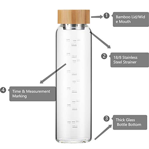 Botella de Agua Cristal 1 Litro Reutilizable con Funda Neopreno y Tapa de Bambú sin Bpa (Gris)