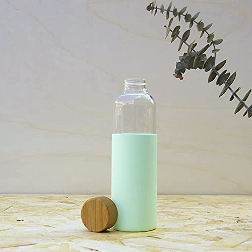 Botella de Agua de Vidrio Borosilicato Reutilizable | Silicona Antideslizante y Cierre de Bambú | Capacidad de 600 ml. (Verde Claro)