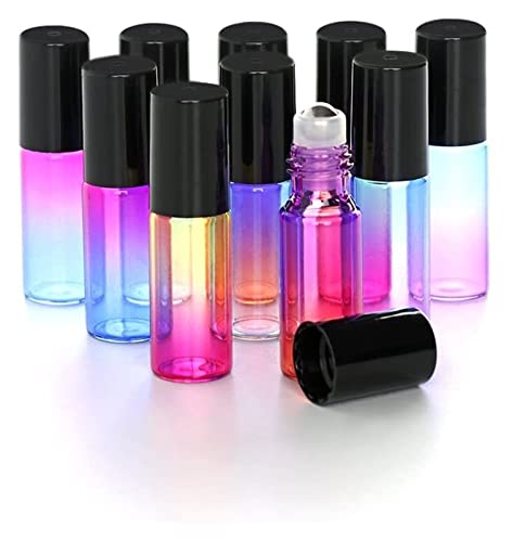 Botella de rociado portátil Botella de aceite esencial Rollerball Botella con rollerball de acero inoxidable 5ml Color de arco iris de 5 ml Vidrio engrosado, 10 piezas de botella de bolera de rollerb