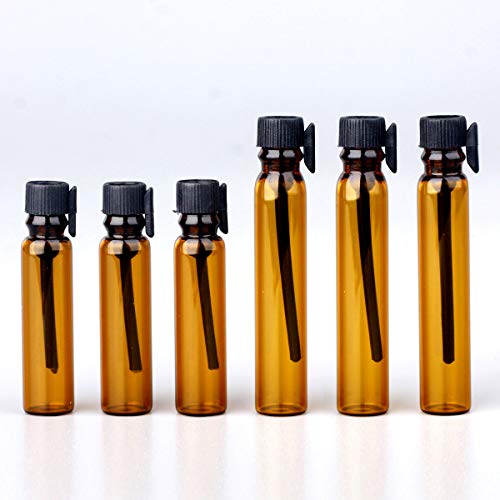 Botellas de Muestra de Perfume ámbar vacías de 100 Piezas Mini frascos de Vidrio rellenables para muestras con Tapa Negra (1 ml)