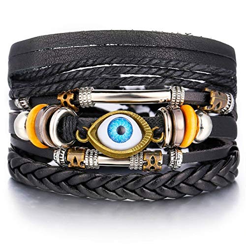 BQZB Pulsera Moda 4 unids/Set Pulseras Vintage Hechas A Mano Femenina Homme Masculino Punk Charm Wood Bead Hombres Pulsera De Cuero para Las Mujeres Joyería C55