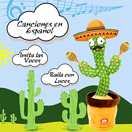 BRAVO HOME Peluche Cactus Bailarín - Cactus Plush Toy - Cactus De Baile Electrónico con Luces y Canciones en Español - Baila, Imita y Graba - Juguetes Creativos y Educativos - Incluye Cable USB