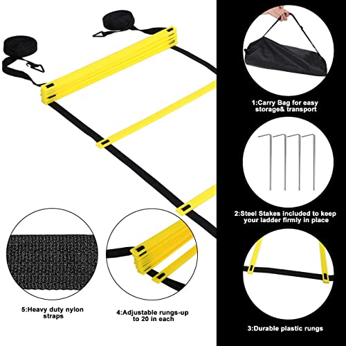 Buluri Escaleras de coordinación para fútbol-2 escaleras de agilidad-12 Conos de Disco-4 Ganchos de Metal-1 paracaídas de Resistencia-1 Bolsa de Transporte-Equipo de Entrenamiento para Entrenamiento