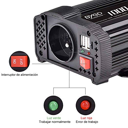 BYGD Convertidor 1000W DC 12V a AC 220V 230V inversor de Coche Transformador Toma de Corriente Cargador de mechero con 1 Toma de Corriente española y 2 Puertos USB