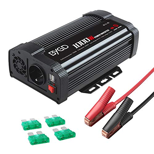 BYGD Convertidor 1000W DC 12V a AC 220V 230V inversor de Coche Transformador Toma de Corriente Cargador de mechero con 1 Toma de Corriente española y 2 Puertos USB