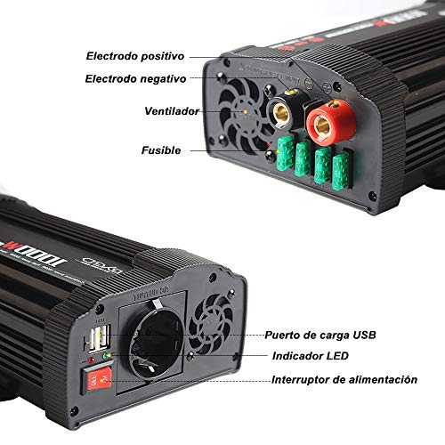 BYGD Convertidor 1000W DC 12V a AC 220V 230V inversor de Coche Transformador Toma de Corriente Cargador de mechero con 1 Toma de Corriente española y 2 Puertos USB