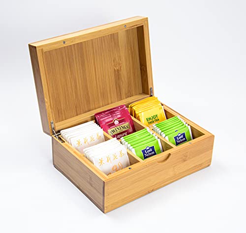 Caja de té de bambú con 6 compartimentos de almacenamiento para 100 bolsitas de té [23 x 16 x 9 cm] | Caja de té de bambú orgánico | Caja para bolsas de té con tapa de madera de bambú