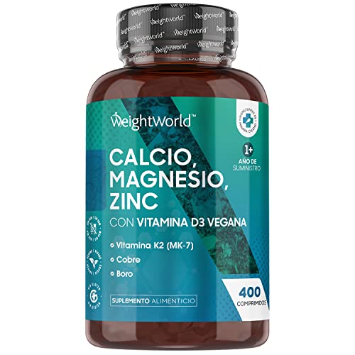 Calcio, Magnesio, Zinc y Vitamina D3 Vegana Dosis Alta 400 Comprimidos, para más de 1 Año - Suplemento de Calcio de Alta Absorción, Enriquecido con Selenio, Vitamina k2, Manganeso, Boro y Cobre