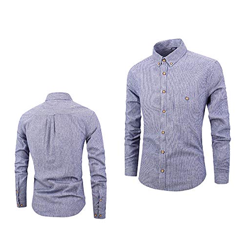 Camisas de Hombre, Camisa Informal de algodón de Manga Larga para Hombre con Bolsillo en el Pecho, Botones completos de Estilo Retro, Camisetas de Rayas Transpirables para Hombre