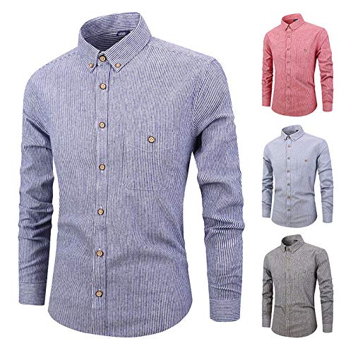 Camisas de Hombre, Camisa Informal de algodón de Manga Larga para Hombre con Bolsillo en el Pecho, Botones completos de Estilo Retro, Camisetas de Rayas Transpirables para Hombre