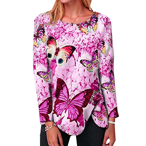 Camiseta De Manga Larga Irregular con Botones En El Dobladillo De Mariposa Y Cuello Redondo De Moda De OtoñO para Mujer