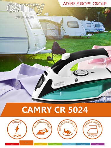 CAMRY CR-5024 Plancha de Viaje Vapor con mango plegable, ligera y pequeña, Vapor Continuo, suela NON-STICK, ajuste temperatura, 1500 W