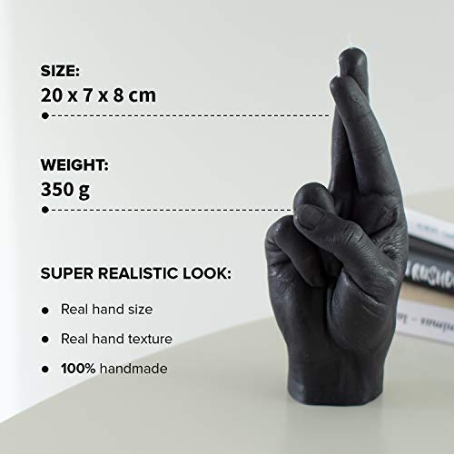 CandleHand Vela gesto de mano CROSSED FINGERS-Tamaño grande de la mano real 20 x 7 x 8 cm – Estatua hecha a mano – Decoración del hogar – Cumpleaños, oficina, regalo de inauguración de la casa (Negro)