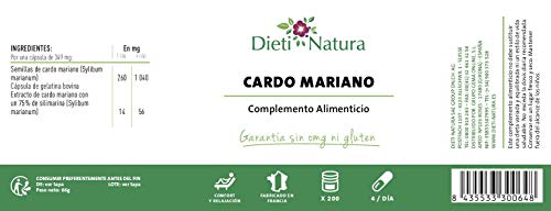 Cardo Mariano 200 cápsulas de Dieti Natura. Detox para el hígado [Fabricado en Francia][Garantía Sin OGM ni Gluten]