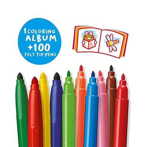 CARIOCA Color Box | 100 Rotuladores Super Lavables con una Caja de Metal Rojo, Rotuladores Punta Fina y Punta Maxi con Álbum para Colorear, 100 Rotuladores