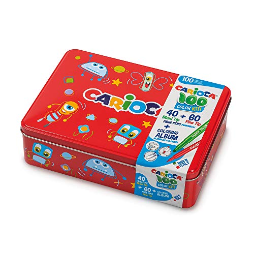 CARIOCA Color Box | 100 Rotuladores Super Lavables con una Caja de Metal Rojo, Rotuladores Punta Fina y Punta Maxi con Álbum para Colorear, 100 Rotuladores