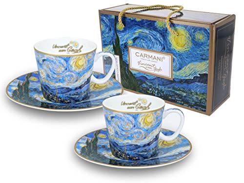 Carmani - Juego de 2 tazas de café con platillo "A Starry Night" de Vincent Van Gogh 125 ml