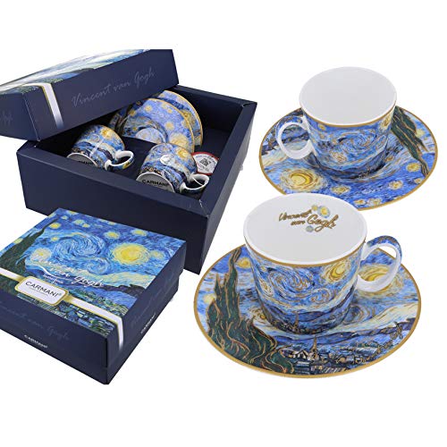 Carmani - Juego de 2 tazas de café con platillo "A Starry Night" de Vincent Van Gogh 125 ml