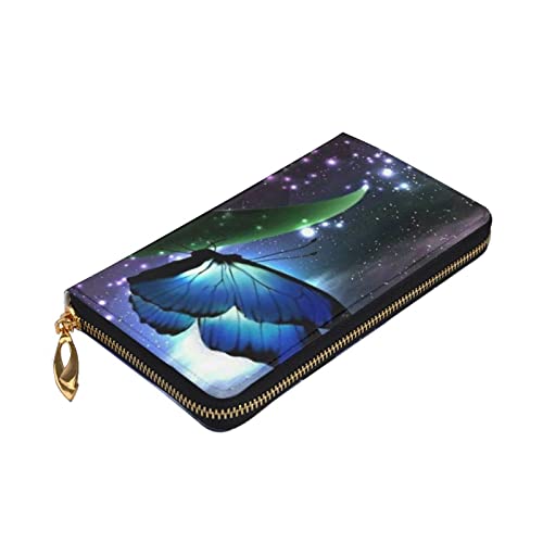 Cartera LINGF para Mujer, Cartera de Cuero con Cremallera Alrededor de la Mariposa Azul bajo la Luna para Mujer, Cartera para teléfono, Tarjetero de Viaje, Talla única